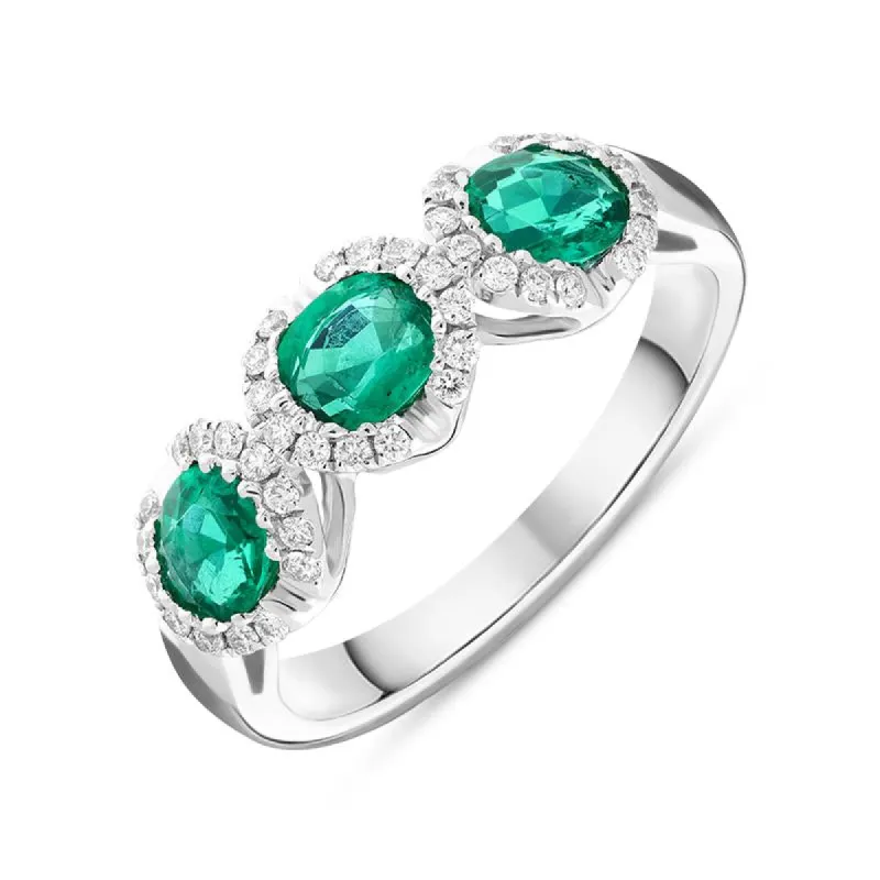 18ct White Gold 1.11ct Emerald 0.19ct Diamond Trilogy Cluster Ring sold by Jura Watches