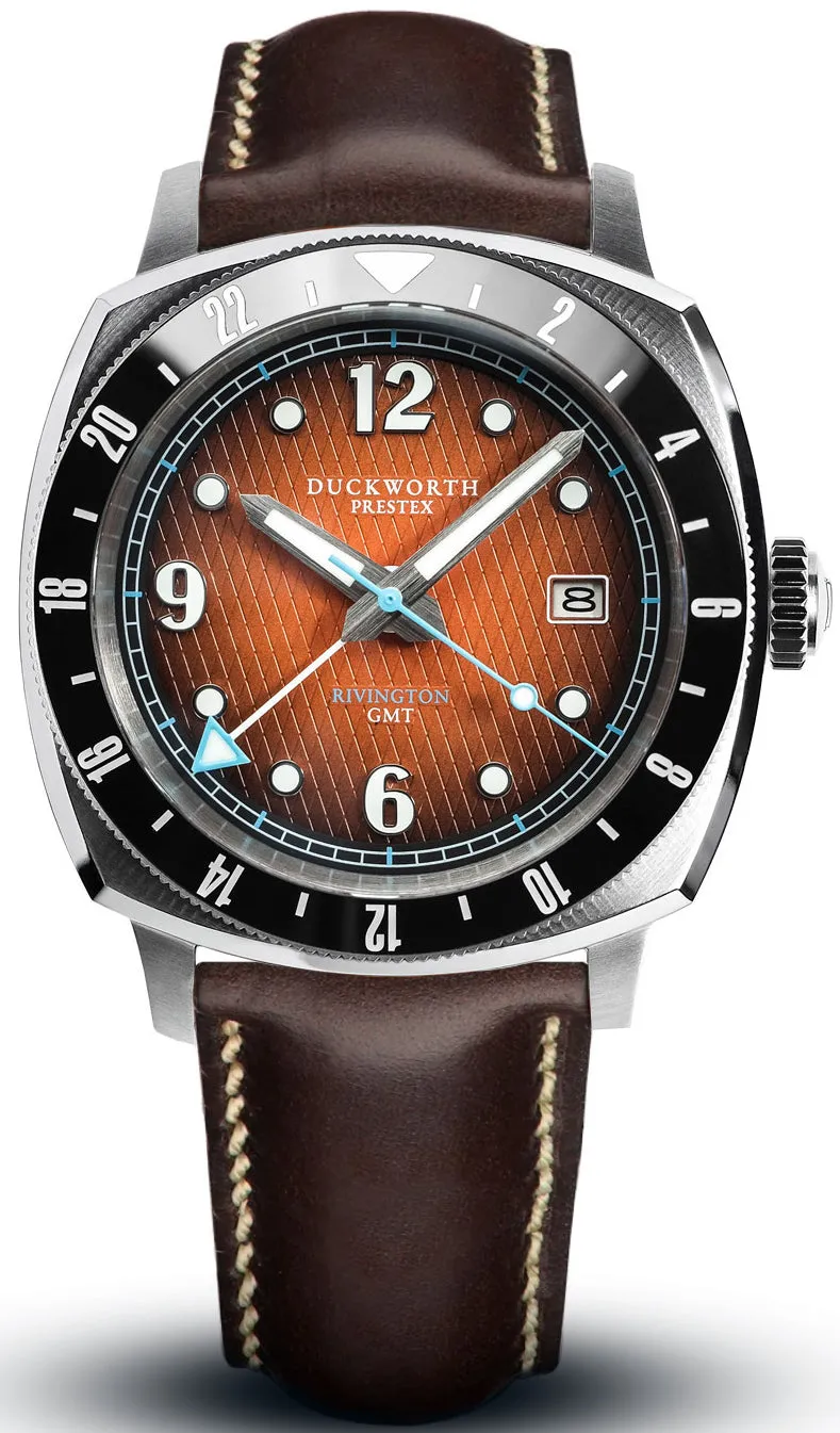 Duckworth Prestex Rivington GMT Orange Fume Brown Leather Watch sold by Jura Watches