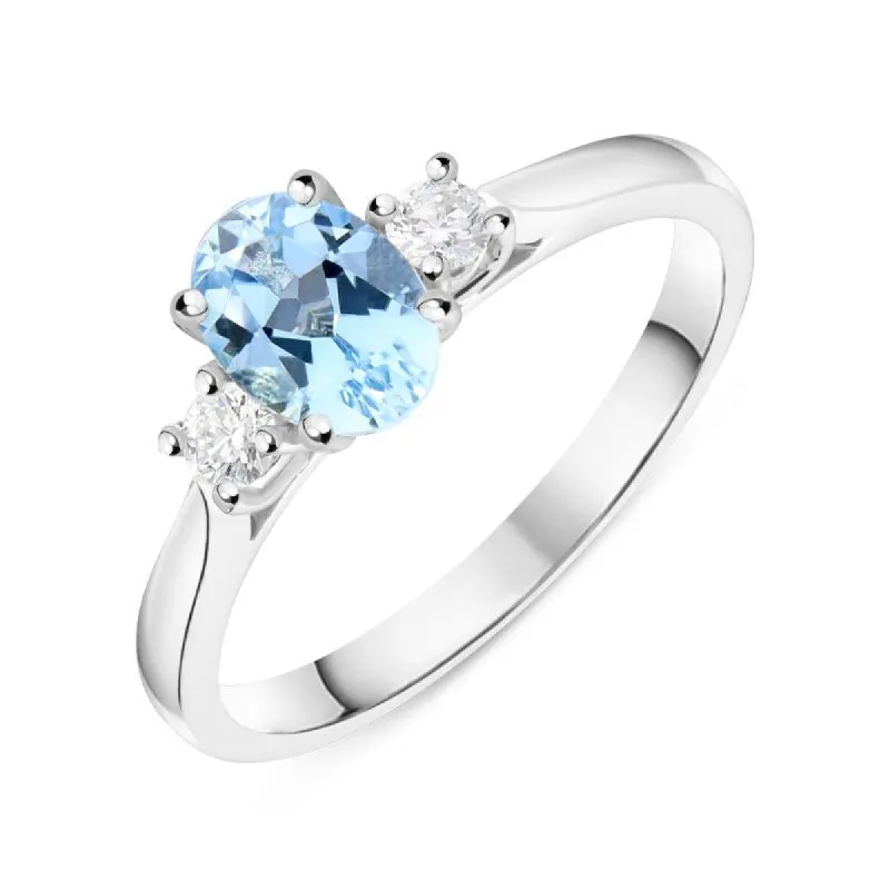 18ct White Gold 0.70ct Aquamarine and Diamond Three Stone Ring sold by Jura Watches