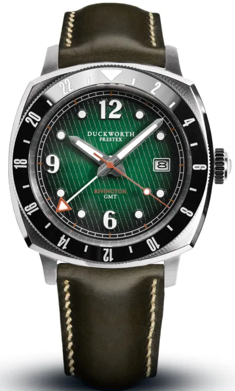 Duckworth Prestex Rivington GMT Green Fume Olive Green Leather Watch made by Jura Watches