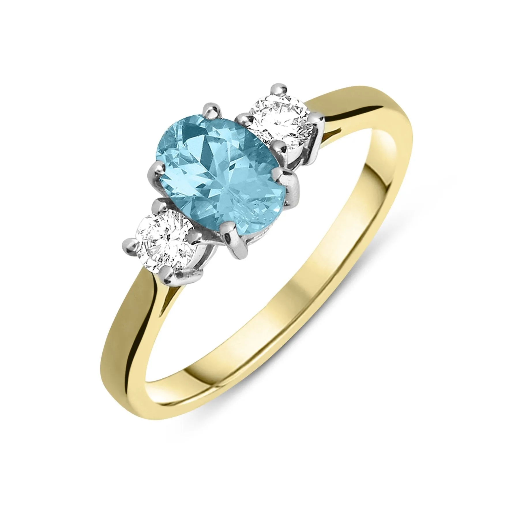 18ct Yellow Gold 0.83ct Aquamarine and Diamond Three Stone Ring sold by Jura Watches