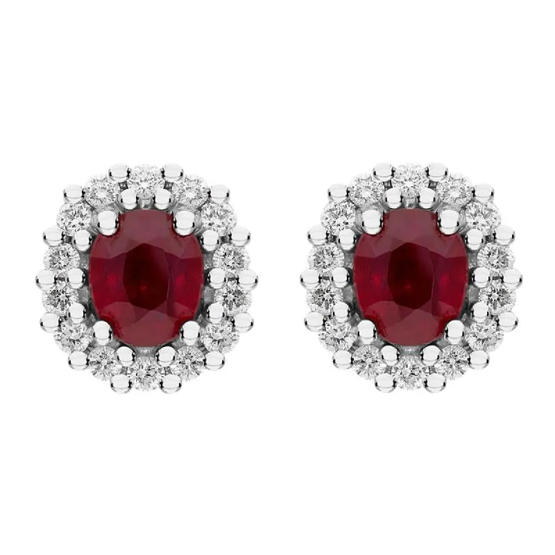 18ct White Gold Ruby Diamond Oval Cluster Earrings sold by Jura Watches