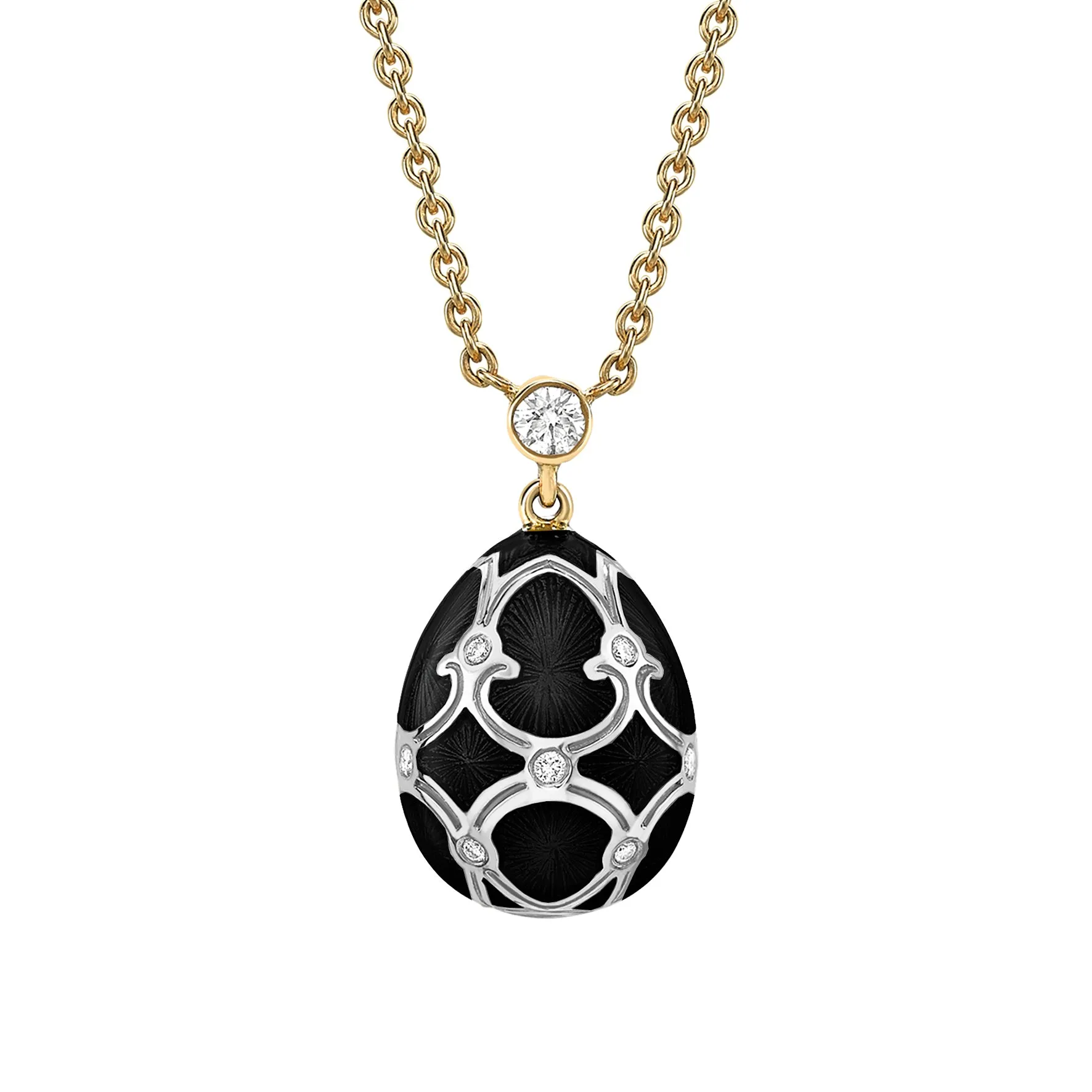 Faberge Heritage Yellow & White Gold Diamond & Black Guilloche Enamel Petite Egg Pendant sold by Jura Watches