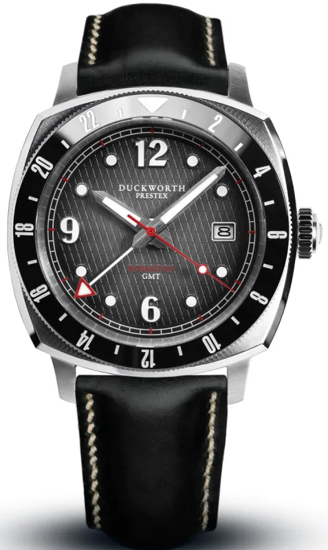 Duckworth Prestex Rivington GMT Black Grey Fume Black Leather Watch made by Jura Watches