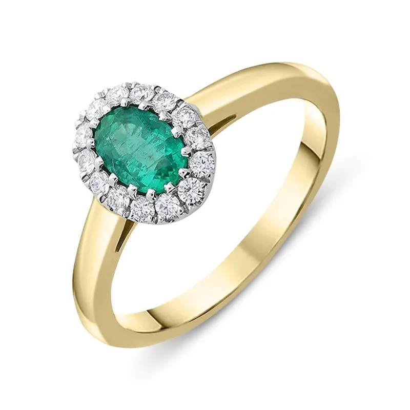 18ct Yellow Gold 0.44ct Emerald Diamond Halo Ring sold by Jura Watches
