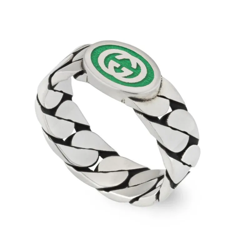 Gucci Interlocking Sterling Silver Green Enamel Band Ring D made by Jura Watches
