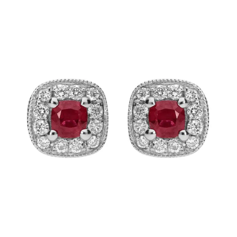 18ct White Gold 0.37ct Ruby and Diamond Cushion Stud Earrings sold by Jura Watches
