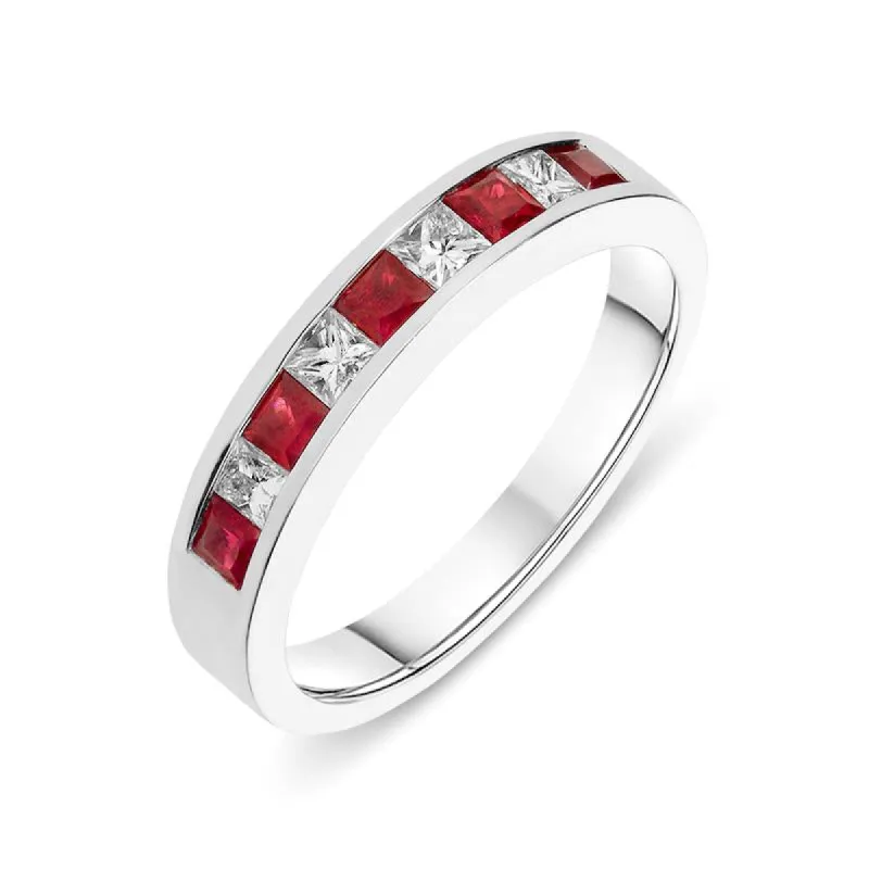 18ct White Gold Princess Cut 0.30ct Diamond Ruby Half Eternity Ring sold by Jura Watches