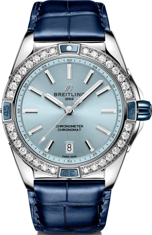 Breitling Super Chronomat Automatic 38 Iced Blue Alligator Watch made by Breitling
