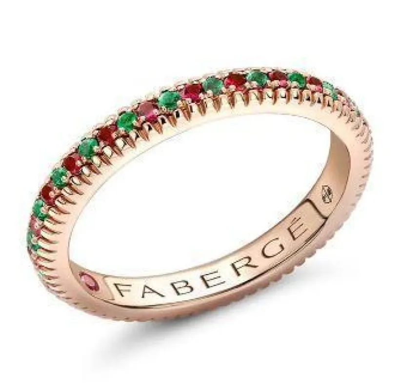 Faberge Colours of Love 18ct Rose Gold Emerald Ruby Fluted Band Ring sold by Jura Watches