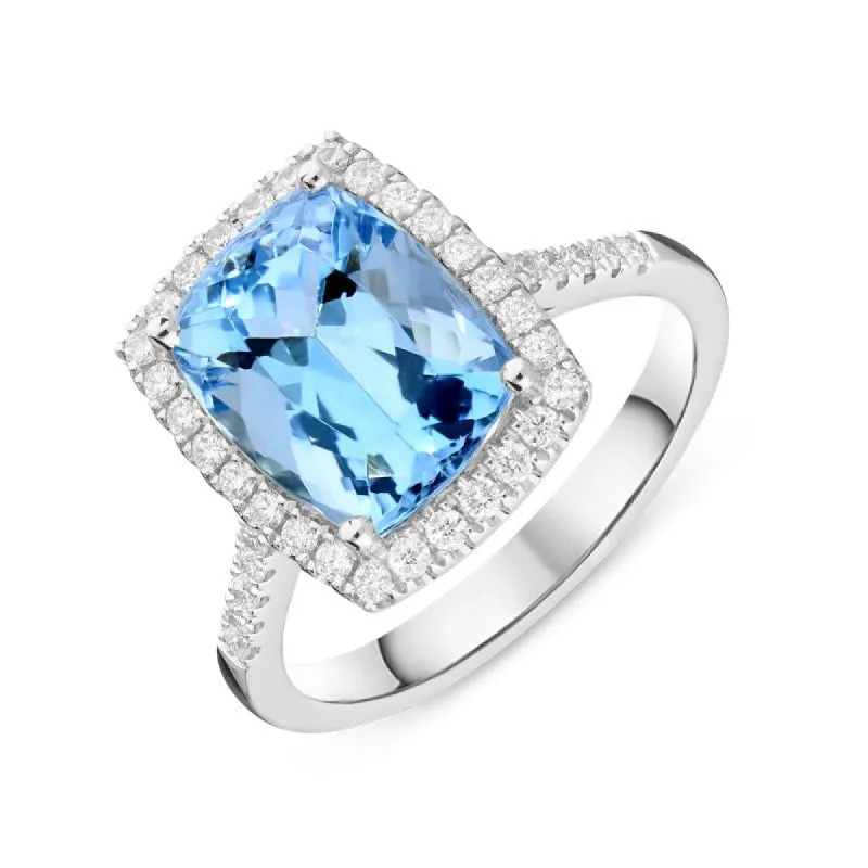 18ct White Gold 3.93ct Aquamarine 0.33ct Diamond Cushion Cut Ring sold by Jura Watches