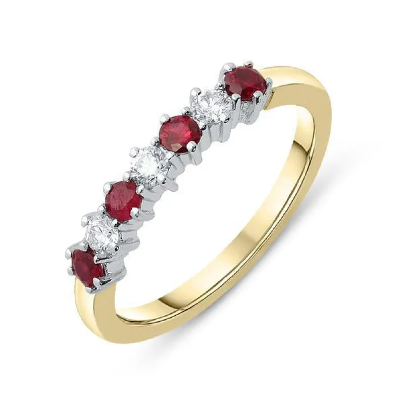 18ct Yellow Gold Ruby and Diamond Seven Stone Half Eternity Ring sold by Jura Watches