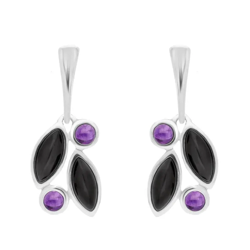 Sterling Silver Amethyst Whitby Jet Drop Stud Earrings sold by Jura Watches