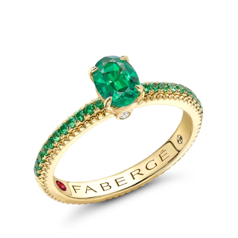 Faberge Colours of Love 18ct Yellow Gold Emerald Tsavorite Garnet Fluted Ring sold by Jura Watches