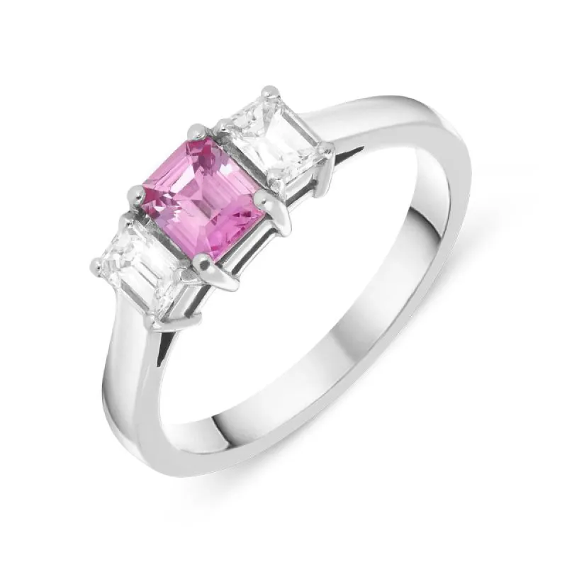 18ct White Gold 0.45ct Pink Sapphire 0.55ct Diamond Trilogy Ring sold by Jura Watches