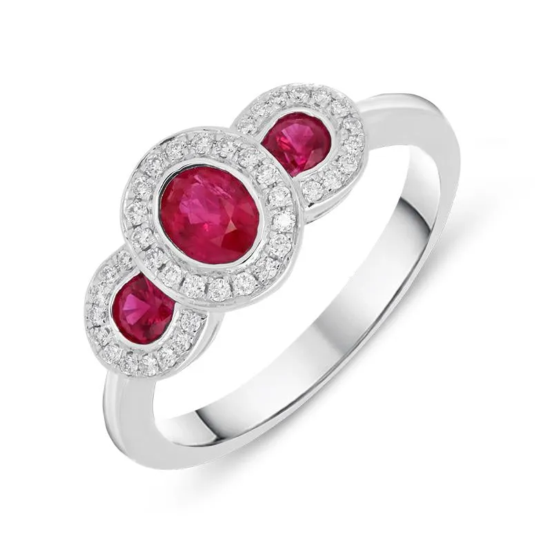 18ct White Gold 0.67ct Ruby Diamond Trilogy Cluster Ring sold by Jura Watches