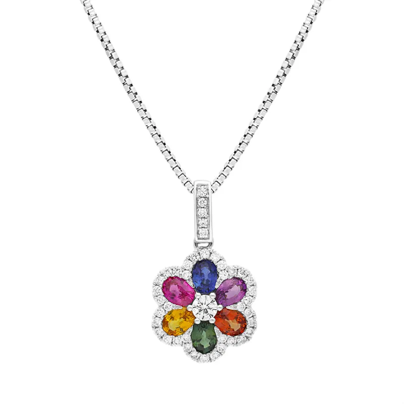 18ct White Gold Rainbow Sapphire 1.23ct Diamond Floral Cluster Necklace sold by Jura Watches