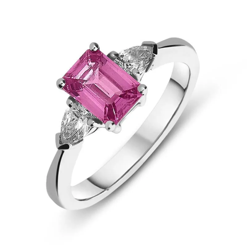 18ct White Gold 1.14ct Pink Sapphire and Diamond Trilogy Ring sold by Jura Watches