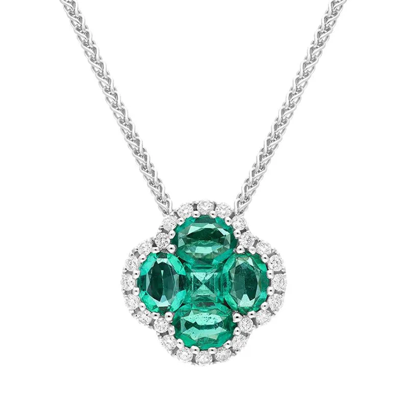 18ct White Gold Emerald 0.22ct Diamond Clover Cluster Necklace sold by Jura Watches