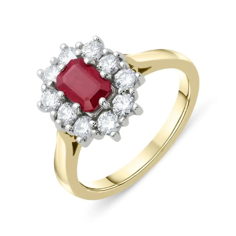 18ct Yellow Gold Ruby and Diamond Emerald Cut Cluster Ring sold by Jura Watches