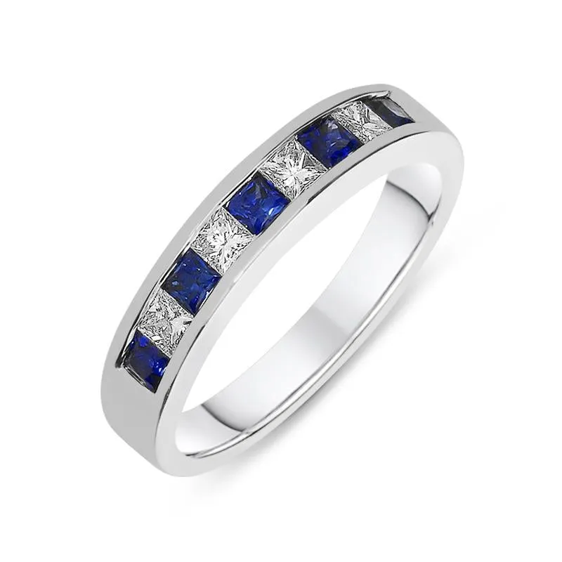18ct White Gold Sapphire Diamond Princess Cut Half Eternity Ring sold by Jura Watches