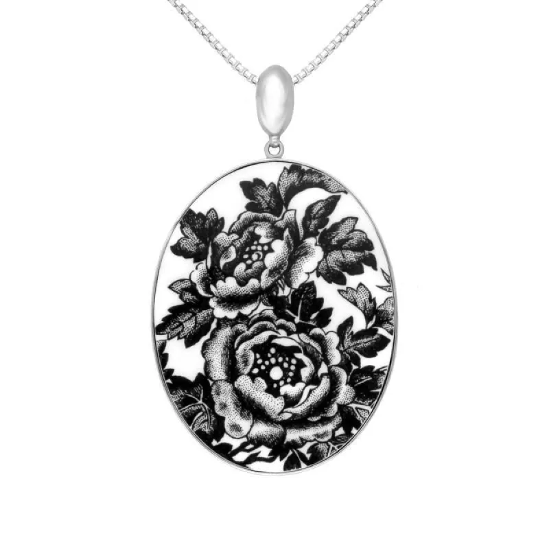 Sterling Silver Royal Crown Derby Black Aves Floral Oval Necklace D made by Jura Watches