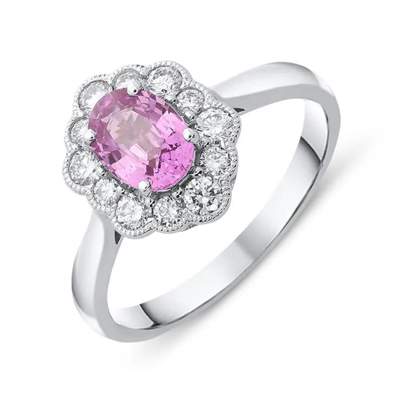 18ct White Gold 0.98ct Pink Sapphire Diamond Cluster Ring sold by Jura Watches