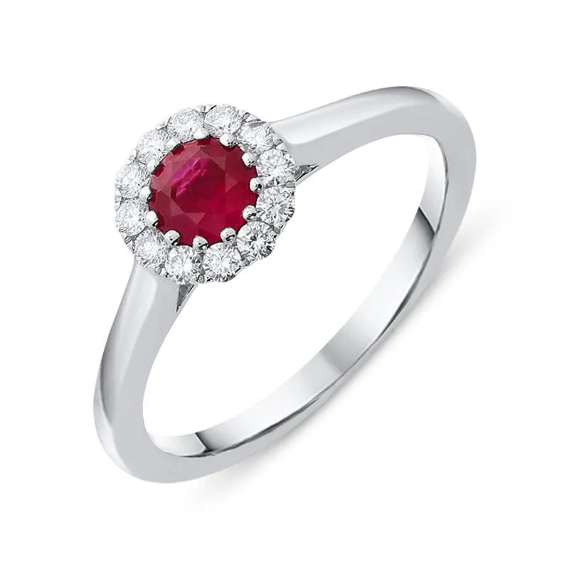18ct White Gold 0.45ct Ruby Diamond Halo Ring sold by Jura Watches