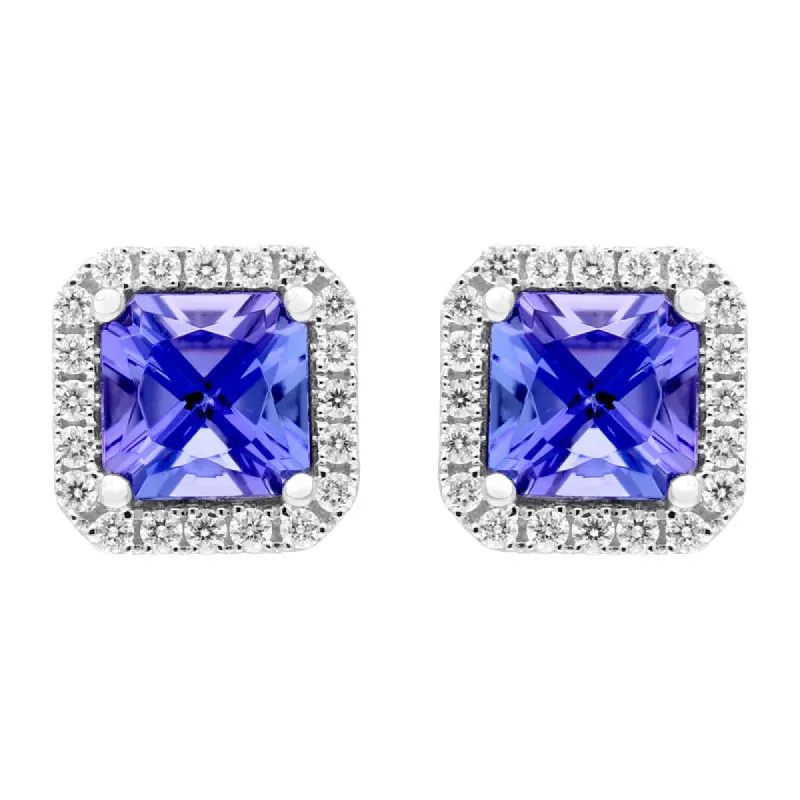 18ct White Gold 0.56ct Tanzanite 0.15ct Diamond Claw Set Cushion Shaped Stud Earrings sold by Jura Watches