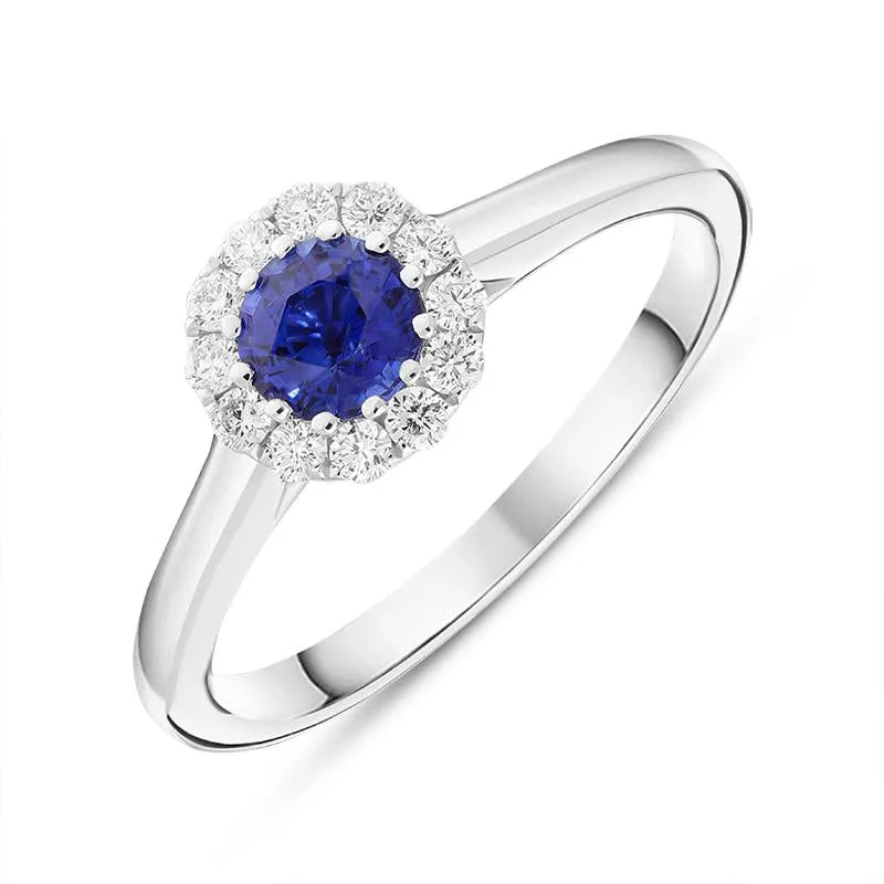 18ct White Gold 0.17ct Sapphire 0.47ct Diamond Halo Ring sold by Jura Watches