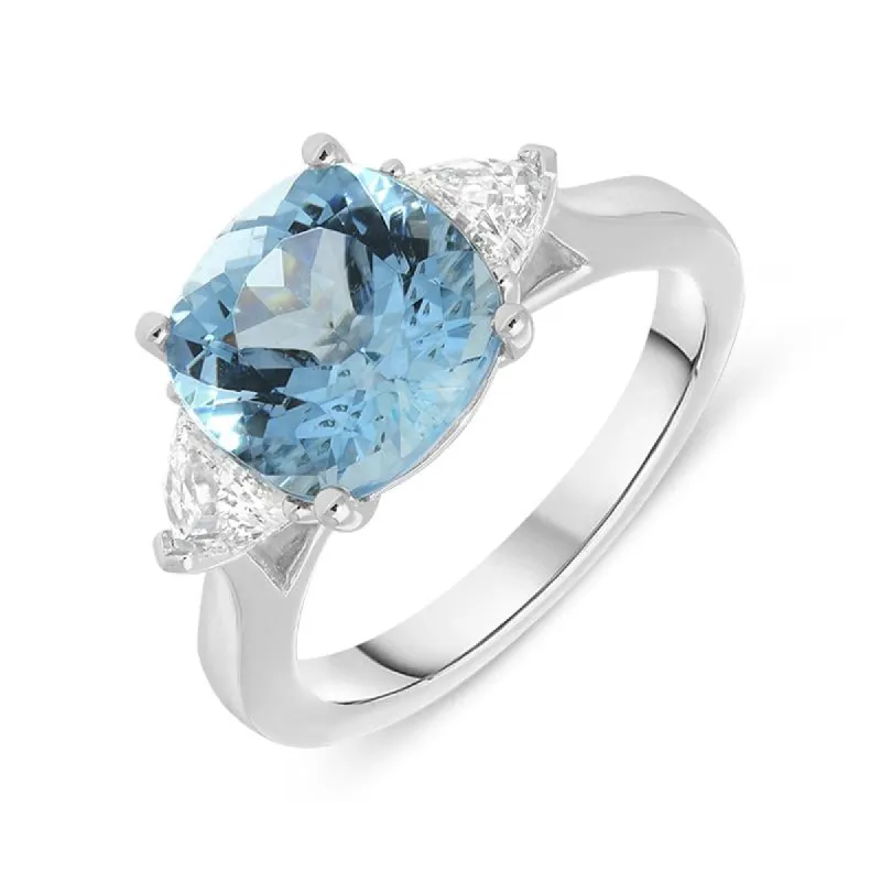 Platinum 3.40ct Aquamarine Diamond Cushion Trilogy Ring D made by Jura Watches