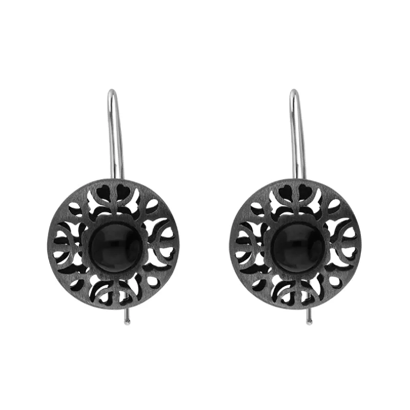 Sterling Silver Black Rhodium Whitby Jet Round Filigree Drop Earrings D made by Jura Watches