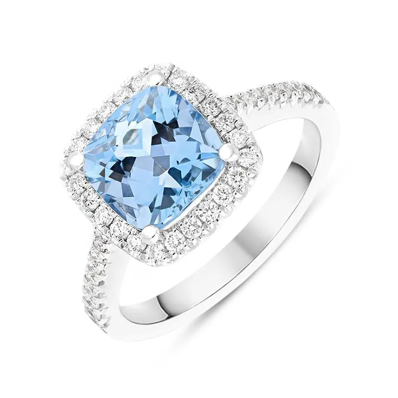 18ct White Gold 2.37ct Aquamarine 0.36ct Diamond Cushion Cut Ring sold by Jura Watches