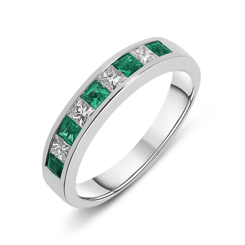 18ct White Gold Emerald Diamond Princess Cut Half Eternity Ring sold by Jura Watches