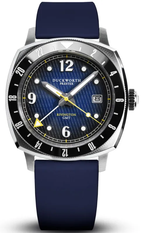 Duckworth Prestex Rivington GMT Blue Fume Blue Rubber Watch made by Jura Watches