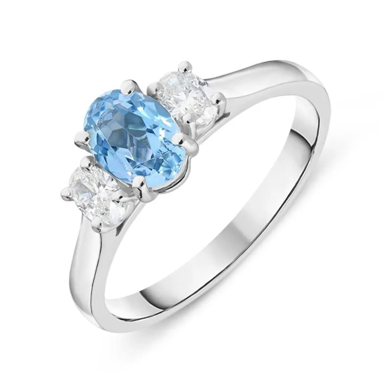 18ct White Gold Aquamarine Diamond Three Stone Ring sold by Jura Watches