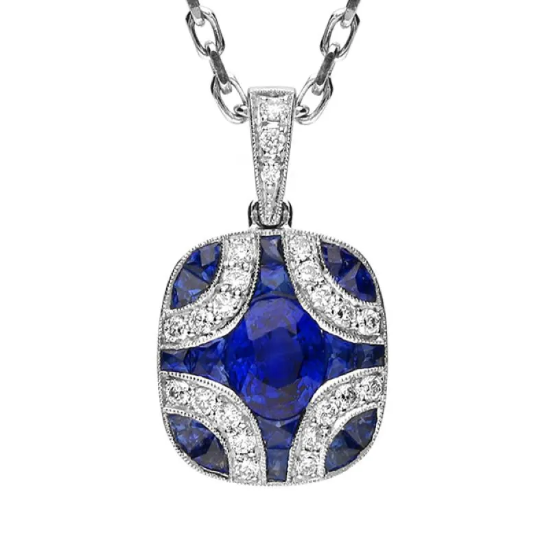 18ct White Gold Sapphire and Diamond Cluster Art Deco Necklace sold by Jura Watches