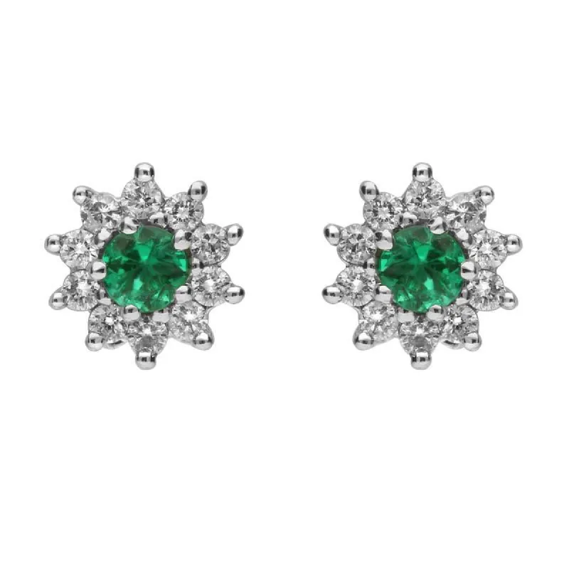 18ct White Gold Emerald and Diamond Round Cluster Stud Earrings D sold by Jura Watches