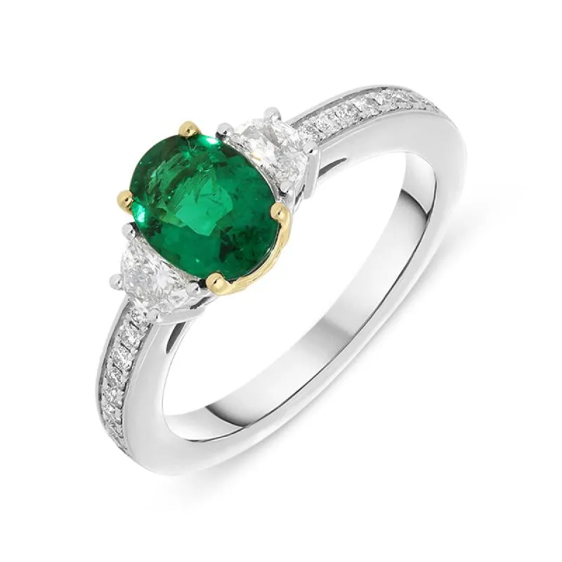 Platinum 0.80ct Emerald Diamond Oval Cut Trilogy Ring sold by Jura Watches