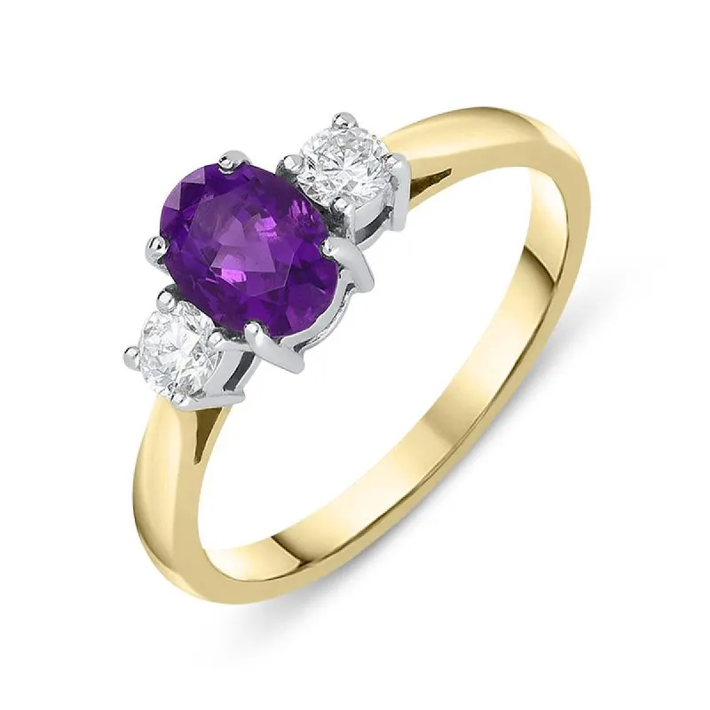 18ct Yellow Gold 0.66ct Amethyst Diamond Oval Trilogy Ring sold by Jura Watches