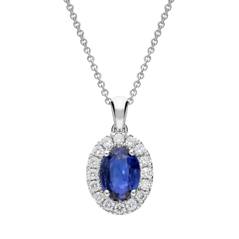 18ct White Gold 1.01ct Sapphire Diamond Oval Cluster Necklace sold by Jura Watches