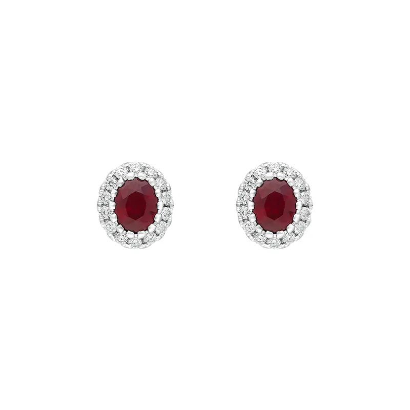 18ct White Gold Ruby Diamond Oval Cluster Earrings sold by Jura Watches