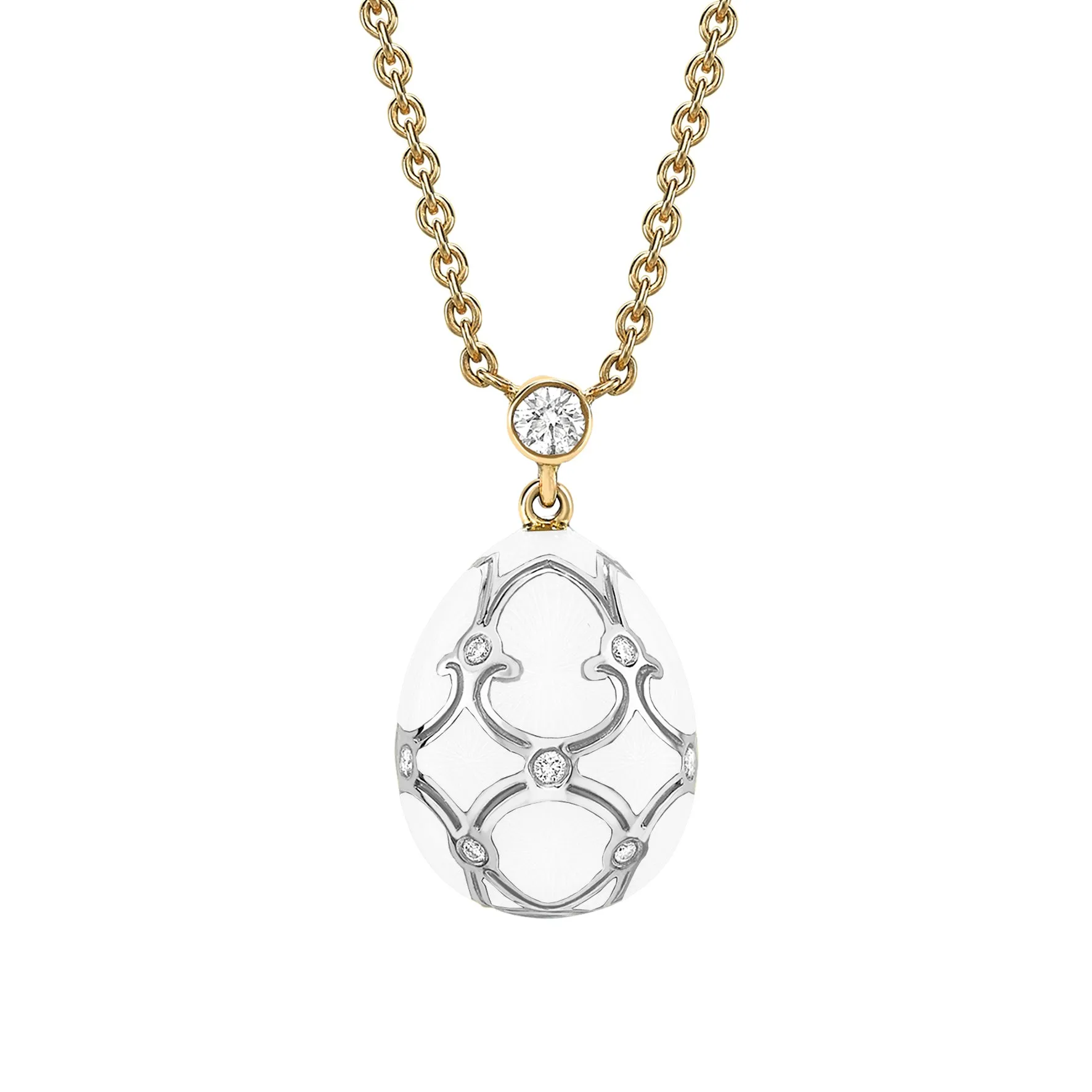 Faberge Heritage Yellow & White Gold Diamond & White Guilloché Enamel Petite Egg Pendant sold by Jura Watches