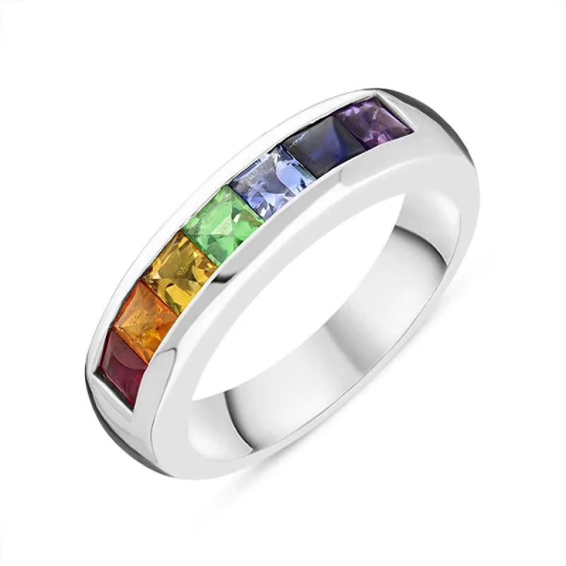 18ct White Gold Rainbow Mixed Stone Half Eternity Ring sold by Jura Watches