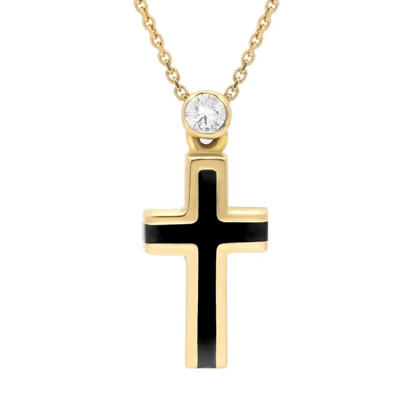 18ct Yellow Gold Whitby Jet Diamond Channel Set Cross Necklace D sold by Jura Watches