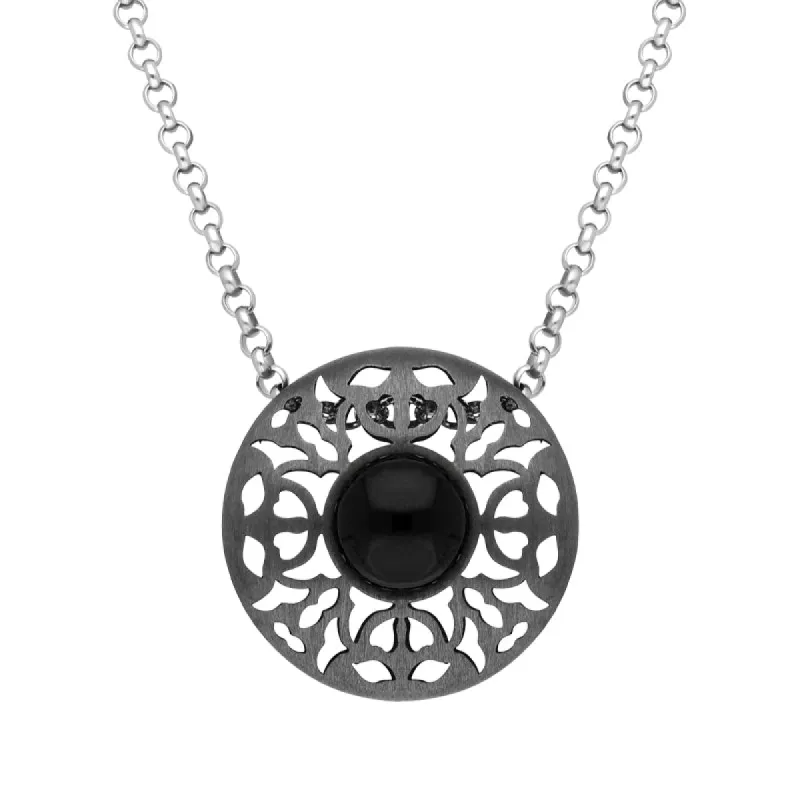 Sterling Silver Black Rhodium Whitby Jet Round Filigree Necklace D sold by Jura Watches