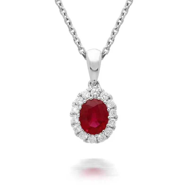 18ct White Gold Ruby Diamond Oval Cluster Necklace sold by Jura Watches