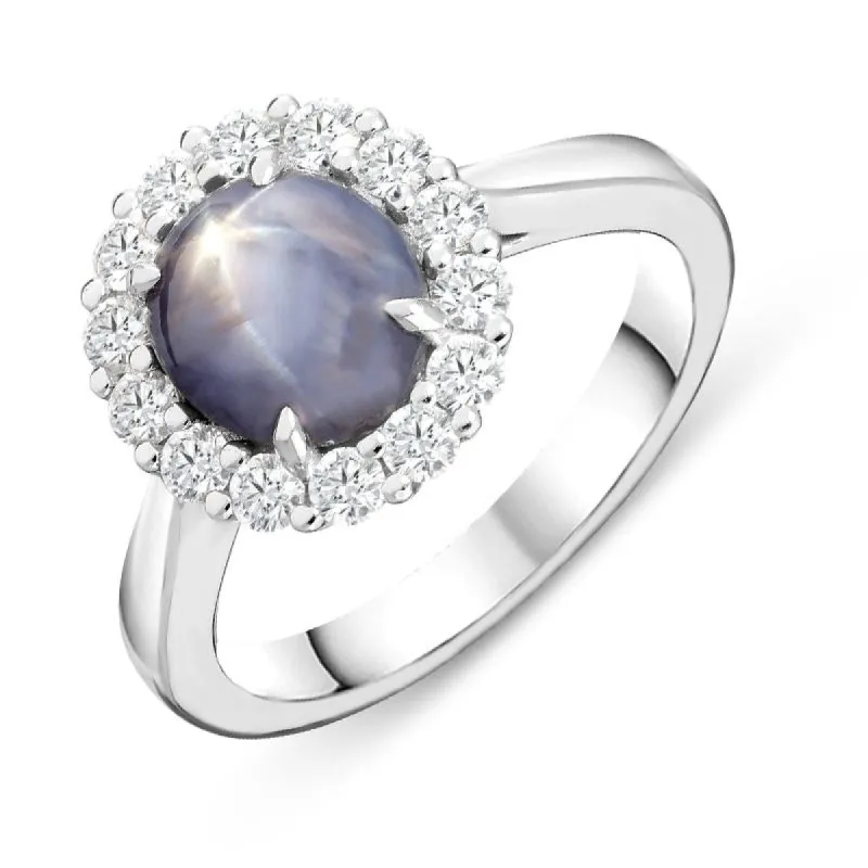 18ct White Gold 2.53ct Star Sapphire Diamond Cluster Ring sold by Jura Watches