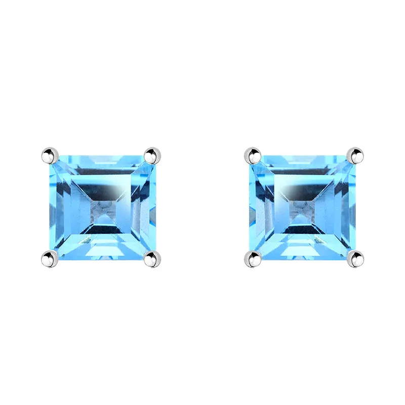 9ct White Gold Blue Topaz 5mm Princess Cut Claw Set Stud Earrings sold by Jura Watches