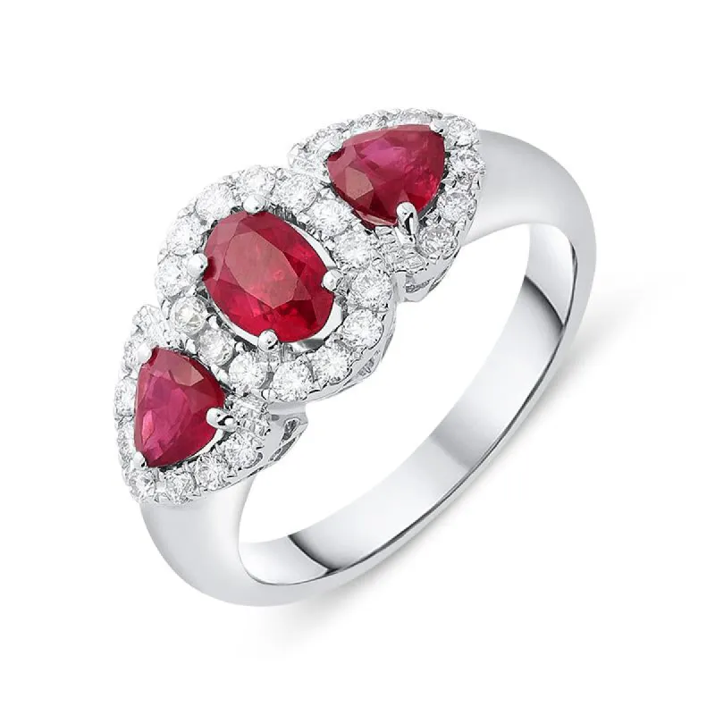 18ct White Gold 0.55ct Ruby Diamond Cluster Trilogy Ring sold by Jura Watches